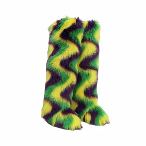 SWEETHEART BEAUTY Mardi Gras Mambo FurBoots Thigh High Shagy Teddy Fur Boots, 29 Inch Over the Knee Length Fluffy High Boots, Tall Furry Shoes For Women (Mardi Gras Mambo B,12)
