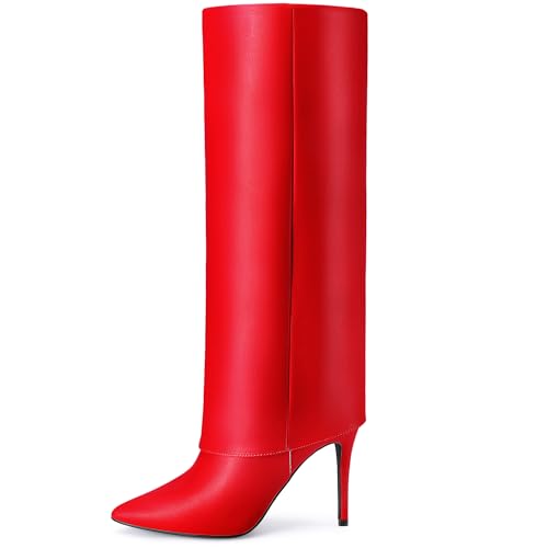 Allegra K Allegra K Knee High Boots Women Pointed Toe Stiletto Heel Shark Boots Red Fold Over Boots for Women 8 M US