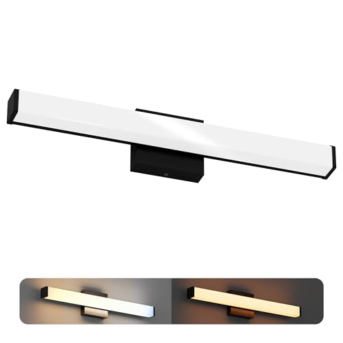 Image of 24 Inch Bathroom Vanity Light Fixtures with Night Light: Long Square Wall Mounted LED Lighting Bar Over Mirror with 5CCT & 2200K Color Changing, 120V, 1230-1350lm, ETL, Matte Black, 1 Pack