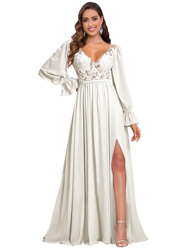 V Neck Bridesmaid Dresses Long Sleeve for Wedding Lace Appliques Formal Party Gown with Slit