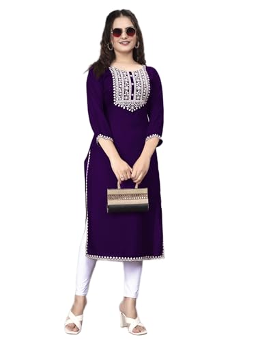 Image of Women Rayon Embroidered Kurti Three Quarter Sleeve Kurta for Women and Girls Embroidery Work Soft Rayon Fabric Comfortable