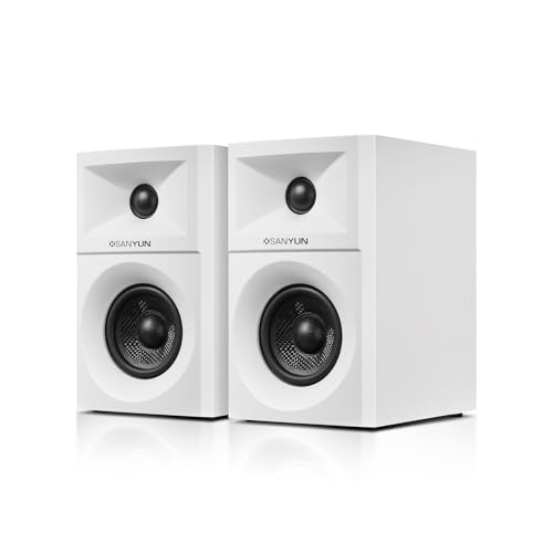 Sanyun SW203 4.0 Computer Speakers - 60W 4-Way DSP Control 3D Immersive Sound - 3" Carbon Fiber Woofer & 20mm Silk Dome Tweeter - 24bit DAC USB/Bluetooth 5.4/AUX - Studio-Grade Audio (Pair, White)