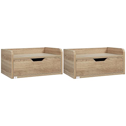 HOMCOM Lot de 2 Tables de Chevet murales Tables de Nuit flottantes - tiroir Coulissant, Plateau - en Bois dim. 40L x 30l x 19,5H cm Bois Naturel