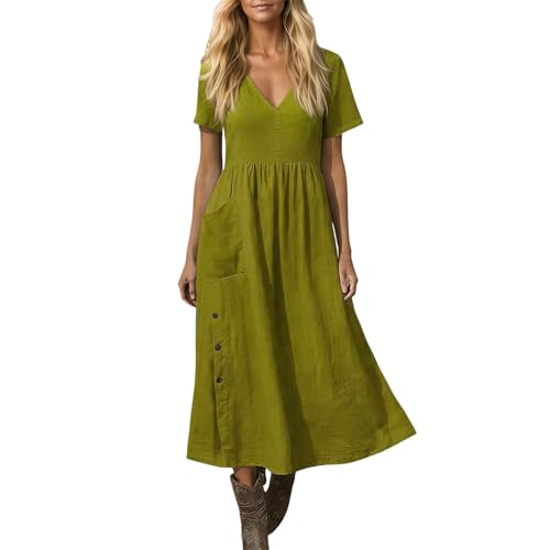 Robe Bohème Chic Longue à Manches Courtes avec Poches et Col V