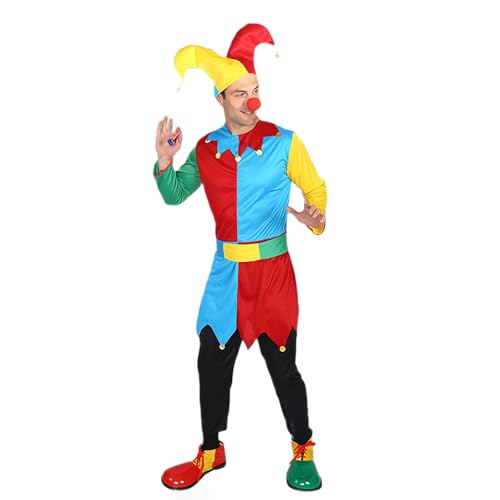Hofnarr Kostüm für Erwachsene - Jacke Glöckchen Hut und Hose - Clown Kostüme für Mittelalterfeste Karneval und Halloween - Ideal für Männer - Mehrfarbig