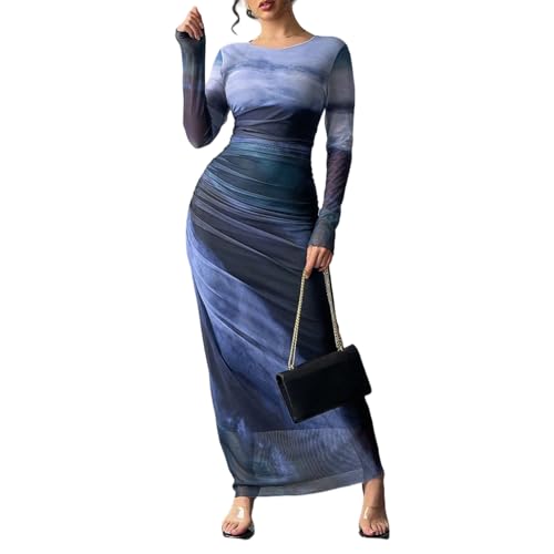 LIGHT DOT Women's Printed Bodycon Maxi Dress Long Sleeve Tie Dye Mesh Ruched Cocktail Dress (Blue,XL)