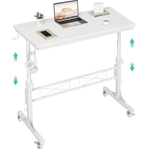 WINAZ Rolling Standing Desk with Wheels, 32" Adjustable Height Small Portable Teacher Desk for Classroom, Mobile Treadmill Walking Pad Table for Laptop, Compact White Home Office Workstation