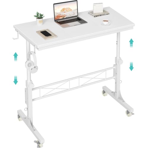 WINAZ Rolling Standing Desk with Wheels, 32" Adjustable Height Small Portable Teacher Desk for Classroom, Mobile Treadmill Walking Pad Table for Laptop, Compact White Home Office Workstation