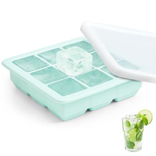 Moule à glaçons en silicone avec couvercle, bac à glaçons (vert menthe), 9 glaçons, 9 grilles à glaçons en silicone
