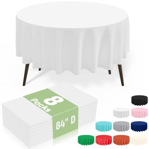 Image of misaya 8 Packs Disposable Plastic Table Cloth, 84 inch Round Waterproof Tablecloth, Leakproof & Sturdy Decorative Table Covers for Picnic, Party, Outdoor and Back to School, White