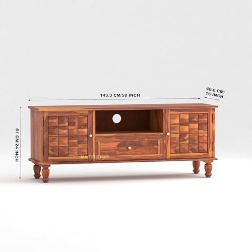 Image of Sheesham Wooden TV Unit for Living Room 55+ Inch Furniture - WoodenTV Unit with Drawer Shelves & 2 Door Wooden TV Cabinet for Living Room - Fits up to 55-Inch TV (James, Honey Finish)