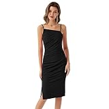 GRACE KARIN Damen Vintage Midikleid Spaghetti Trägerkleid Bodycon Schulterfrei Partykleid Einfarbig Freizeitkleid mit Schlitz, Farbe: Schwarz auf Polyester, Size S