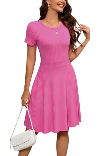 Image of Newshows Womens 2025 Summer Dresses Short Sleeve Ribbed Knit A-Line Swing Beach Vacation Outfits Casual Sundress with Pockets