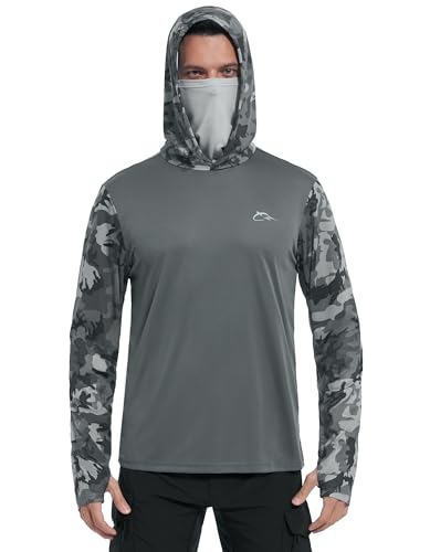 FISHEAL Men's Performance Fishing Hoodie Shirt - UPF 50+ UV Sun Protection Long Sleeve Shirts with Mesh Face Mask