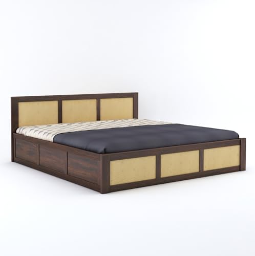 Image of Solid Sheesham Wood Queen Size Bed with Hydraulic Storage Wooden Double Bed Cot Palang Furniture for Bedroom Living Room Home Furniture (Walnut Finish) | 1 Year Warranty