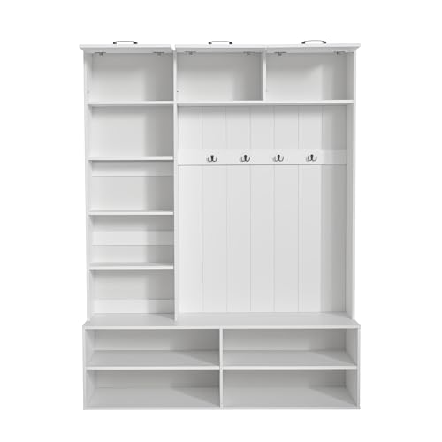 Image of 5-in-1 Hall Tree with Bench, Entryway Storage Organizer Cabinet, White