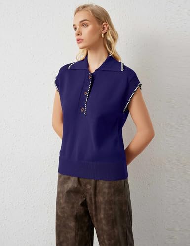 Image of MISSACTIVER Women Casual Button Down Lapel Collar Sweater Vest Sleeveless Knit Loose Fit Stripe Trim Pullover Tank Tops(Medium,Navy)
