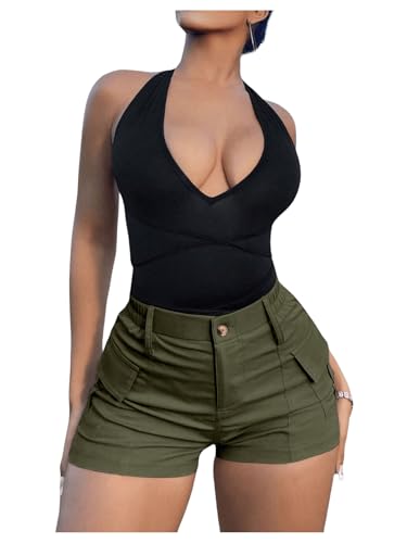 WDIRARA Women's High Waist Button Streetwear Cargo Shorts with Pockets Army Green L
