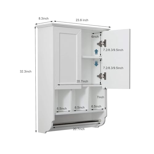 White-Bathroom-Wall-Cabinet-with-Towel-BarWooden-Medicine-Cabinet-Adjustable-Shelves23x32-Inch-Kitchen-CabinetOver-Toilet-Storage-Cabinet-for-BathroomKitchenLaundry White Bathroom Wall Cabinet with Towel BarWooden Medicine Cabinet Adjustable Shelves23x32 Inch Kitchen CabinetOver Toilet Storage Cabinet for BathroomKitchenLaundry