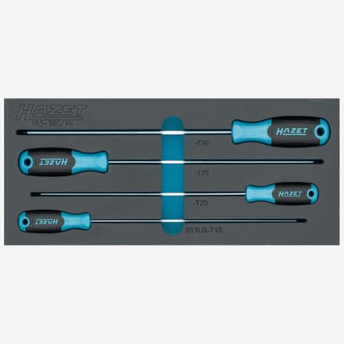 HAZET Schraubendreher Satz 163-380/4N, 4-teilig, extra lang, Innen TORX Profil, T15, T20, T25, T30, für präzise und schwer zugängliche Schraubarbeiten