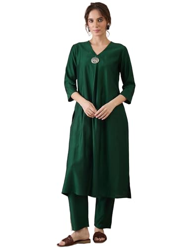 Image of INDO ERA Women's Viscose Solid A-Line Calf Length Kurta & Pant Set (IESTR12352)