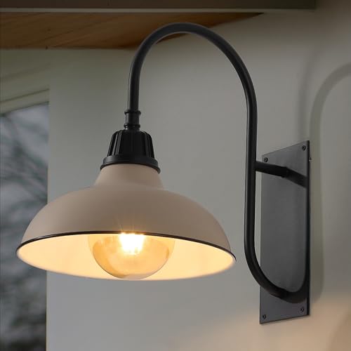 Image of JONATHAN Y 12.25 inch Matte Almond /Black 1-Light Farmhouse Gooseneck Outdoor Wall Sconce Lamp, with Black Metal Bowl Shade, Industrial Iron LED Porch Light for Patio Garage Entryway (JYL7614J)
