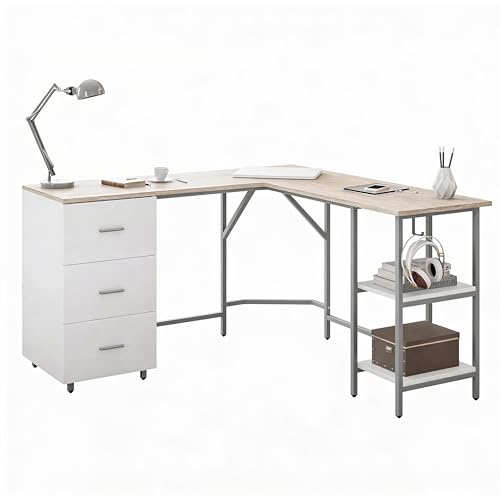 Techni Mobili L Shaped Desk - Two-Toned Computer Desk with Drawers & Storage Shelves - Simple Modern Furniture & Home Office Space Corner Table for Work & Writing