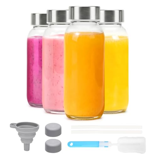 Image of Luxfuel Glass Juice Bottles with Lid 12 oz, 4 Pack Reusable Glass Water Bottles with Stainless Steel Cap & Straws, BPA Free, Leak Proof Juice Bottle Containers for Juicing, Smoothies & Fridge Storage