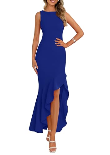 PRETTYGARDEN Wedding Guest Dresses for Women 2025 Summer Formal Gala Maxi Dress Ruffle Mermaid Cocktail Long Dresses(Brilliant Blue,Small)