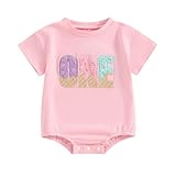 GOOCHEER Infant Baby Girl Birthday Outfit Ice Cream One Embroidery Romper T-Shirt Short Sleeve Bodysuit Summer Clothes (Pink, 12-18 Months)