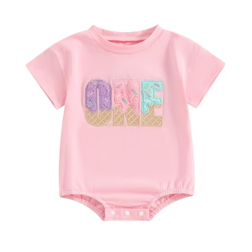 GOOCHEER Infant Baby Girl Birthday Outfit Ice Cream One Embroidery Romper T-Shirt Short Sleeve Bodysuit Summer Clothes (Pink, 12-18 Months)