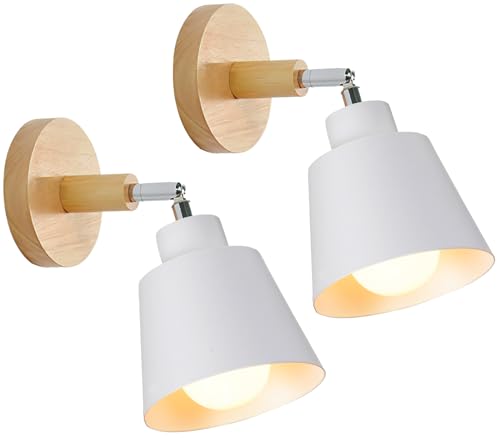 TOKIUS 2 pezzi Lampade da Parete Vintage Applique da parete Interno Moderno Applique in Metallo e Legno Lampadari e Plafoniere regolabile E27 Luce da Camera da Letto Soggiorno (2 pezzi, Bianco)