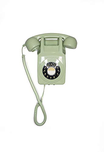 GPO 746 Wall-Mounted Push-Button Retro landline Phone - Curly Cord, Authentic Bell Ring (Green)