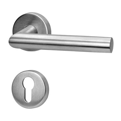 lockzz Türgriff Drückergarnitur Würzburg Edelstahl Matt Gebürstet – Türklinke L-Form für Wohnungseingangstüren & Innentüren – PZ Profilzylinder Türbeschlag Rund-Rosette – Drückerset mit Hochhaltefeder