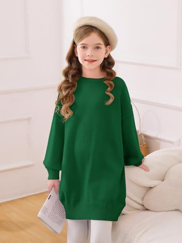 Image of Haloumoning Girls Sweater Dress Casual Crewneck Knit Long Sleeve Fall Winter Dress Pullover 5-14Y Army Green