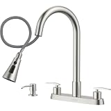 DAYONE 2 Handle Kitchen Faucet with Pull Down Sprayer, 4 Holes Sink Faucets for Kitchen/RV with Soap Dispenser Stainless Steel, Brushed...