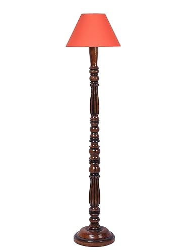 Image of Floor Lamp with Wooden Base - Height 55 inch, Orange | Modern Standing Lamp for Living Room, Bedroom & Office | Stylish & Elegant Home Lighting Decor | Tall Decorative Lamp