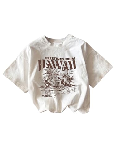 Verdusa Girl's Round Neck Graphic Tee Shirts Summer Streetwear Short Sleeve T Shirts White Hawaii 9Y