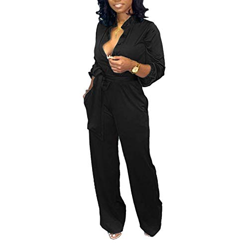 IyMoo Women's Long Sleeve Elegant Deep V and Wide Leg Ladder Back Jumpsuit Black Medium