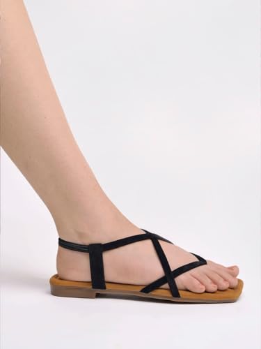 Image of Shoetopia Women's Toe Ring Flat Sandals, Strappy Cross Strap Slip-On Flats, Comfortable Casual Daily Summer Footwear