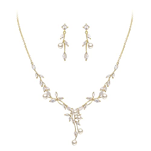 Image of EVER FAITH Wedding Cubic Zirconia Jewelry Set for Women, Marquise White Simulated Pearl Floral Vine Bridal Prom Necklace Earrings for Bride