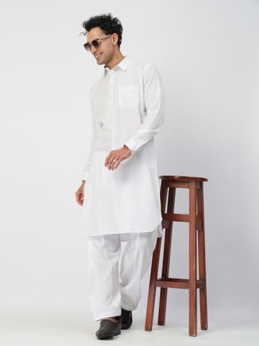 Image of Men's Traditional Pathani Kurta Salwar Set, Red, Long Sleeve, Collared Neck, Cotton Blend, Ethnic Wear
