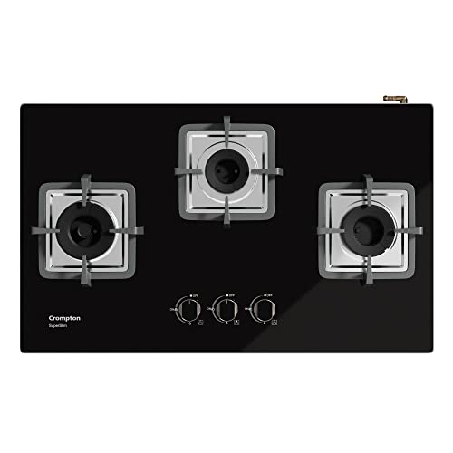 Crompton SuperSlim 76 cm 3 Burner Hob with Auto Ignition, Brass Burners and Toughened Glass Top (TAB-SUHB783-MBL, Midnight Black)