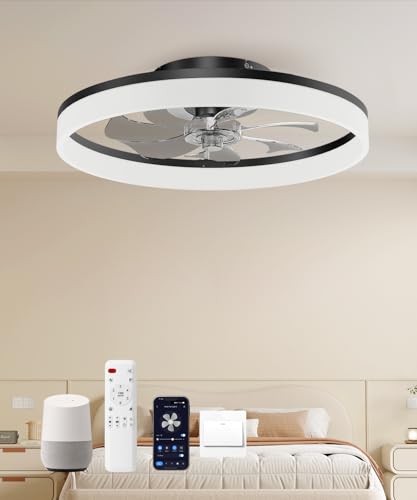 Smart Ceiling Fans with Light and Remote,20'' Low Profile Ceiling Fan with 6-Speed & Dimmable LED, Alexa/APP Home Voice Control, App, Reversible Airflow, App Timer, for Beedroom(Black)