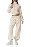 QINSEN Sweatsuit for Women 2 Piece Fleece Long Sleeve Baggy Jacket Oversized Tracksuit Loungewear with Joggers Biege M