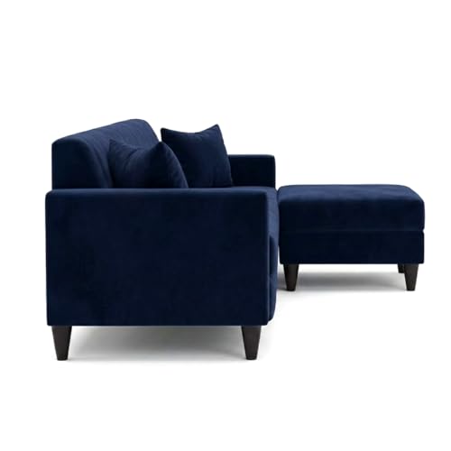 Image of FURNY Avvono 4 Seater L Shape Sofa Set with Movable Ottoman | Flexible Left or Right Layout | Plush Velvet Fabric (Blue) | Perfect for Living Room, Guest Room & Office