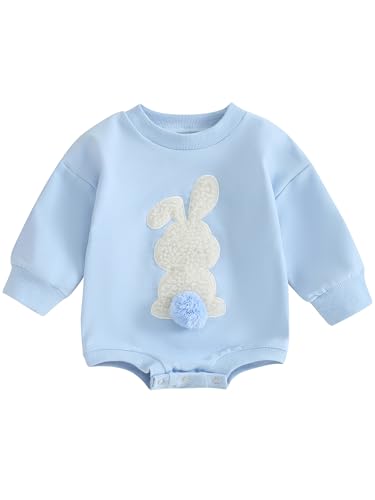 ZZLBUF Mameluco de manga larga con estampado de conejo de Pascua para recién nacidos, ropa linda para niñas y niños pequeños, azul, 0-6 Months