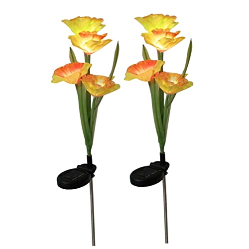 BESPORTBLE 2Pcs Solar Powered LED Daffodil Garden Lights Outdoor Floor Insert Lights for Lawn Walkways Bright Orange Yellow Flowers Energy Saving Durable Design