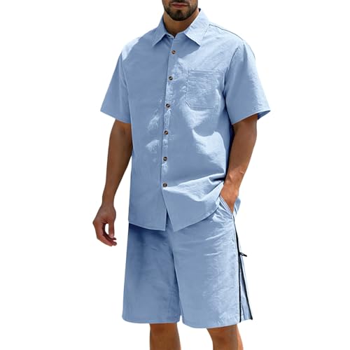 Generisch Traje de verano para hombre de 2 piezas, transpirable, traje deportivo para hombre, cuello de solapa, camisa y pantalones cortos, traje de lino ligero, corte regular, traje de dos piezas