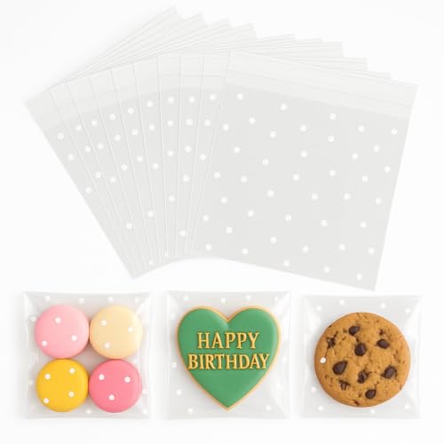 Cellophane Bags Pack of 100 (10x10cm) White Polka Dot Self-Seal Translucent Cookie Bags for Sweets Chocolates Candy And Biscuits